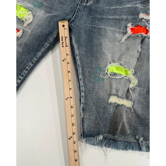 SMOKE RISE Denim Shorts Men Size 46 Distressed Neon Patch Frayed Hem 100 - Picture 10 of 12